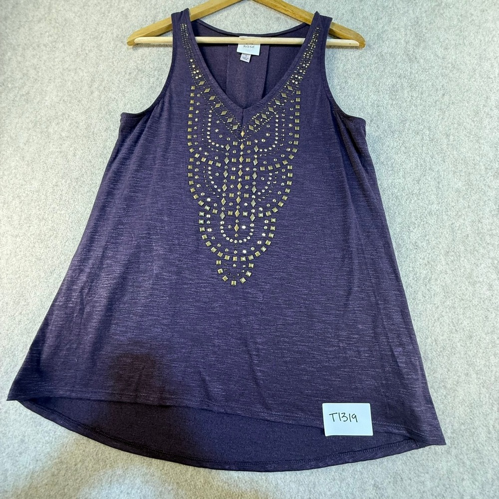 Knox Rose Womens Purple Studded V-Neck Tank Top Sleeveless High Low Hem‎ Small